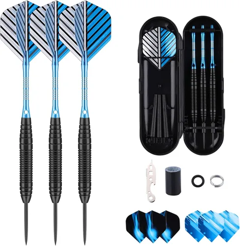 Darts Metal Tip Set - 3 Pack Professional 22 Grams Steel Tip Darts with Slim Case Black Purple Blue Aluminum Shafts 9 Flights 50 Rubber O'Rings 1