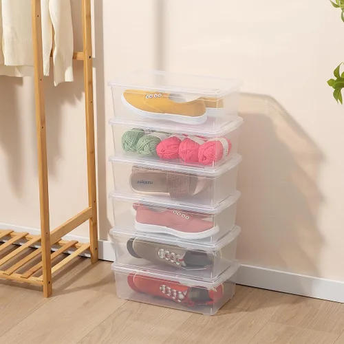 Miniatura 3 de Caja de almacenamiento de plástico, paquete de 12 contenedores transparentes para zapatos con tapa de pestillo, contenedor apilable para el hogar