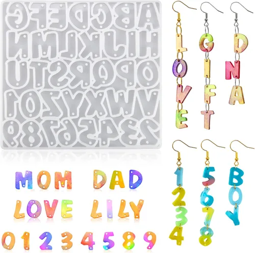Smays Moldes de aretes de resina para hacer joyas de bricolaje, moldes de silicona con letras del alfabeto y números para manualidades de resina