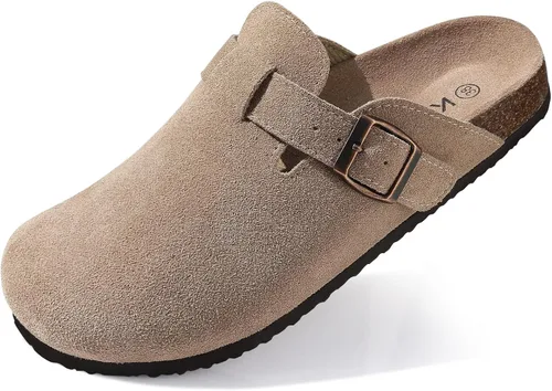 KIDMI Zuecos de gamuza genuina para mujer, sandalias de cuero con plantilla de corcho, zapato tipo pantufla con soporte de arco