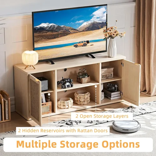 Miniatura 3 de LEYAOYAO Soportes de TV de ratán para sala de estar, gabinete de TV bohemio con almacenamiento y estante abierto, centro de entretenimiento