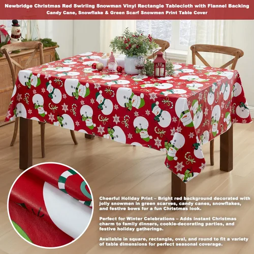 Miniatura 2 de Newbridge Mantel de vinilo navideño con diseño de muñeco de nieve rojo con reverso de franela, bastón de caramelo y copos de nieve, mantel de vinilo