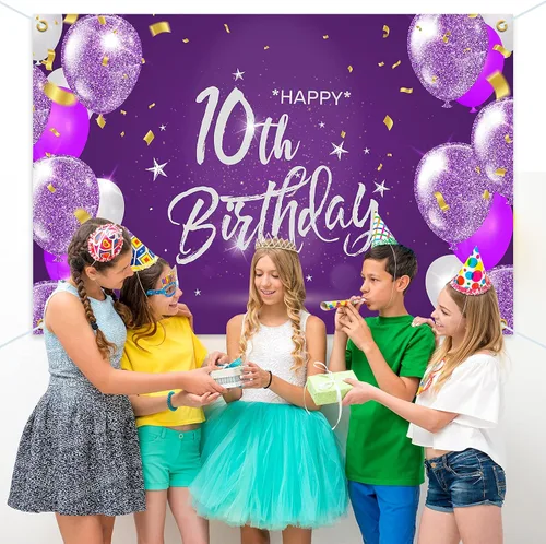 Miniatura 7 de HAMIGAR Fondo de pancarta de feliz cumpleaños número 10 de 6 x 4 pies, decoraciones de cumpleaños de 10 años, suministros de fiesta para niñas
