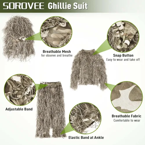 Miniatura 5 de Traje Ghillie 5 en 1 para hombre, incluye chaqueta, pantalones, capucha, bolsa de transporte y cintas de camuflaje, disfraces de Helloween