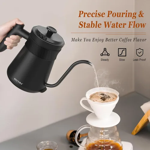Miniatura 2 de Secura Hervidor eléctrico de cuello de cisne con 5 ajustes preestablecidos de control de temperatura, tetera interior de acero 100% inoxidable