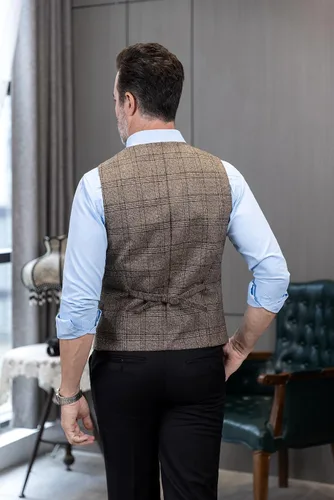 Miniatura 6 de Chaleco de traje vintage para hombre, chaleco de tweed a cuadros, chaleco de ajuste regular para padrinos de boda