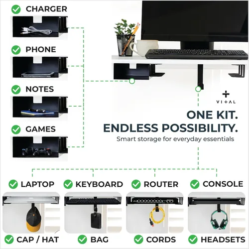 Miniatura 3 de VI+AL Soporte para laptop debajo del escritorio - Estante oculto de metal con almacenamiento lateral, gancho y organizador de cables - Se instala