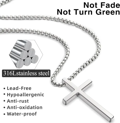 Miniatura 3 de 2 collares de cruz para hombre, colgante de acero inoxidable, cadena de cruces plateadas, negras, caja de regalo para 16 a 30 pulgadas