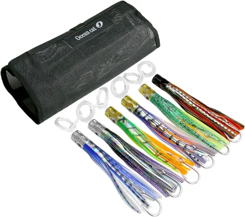 Miniatura 10 de OCEAN CAT Juego de señuelos de pesca de agua salada, anzuelo de pesca en alta mar y faldas de pulpo/calamar de 6 pulgadas/9 pulgadas para atrapar