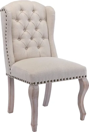 Miniatura 6 de Parsons - Juego de 2 sillas de comedor de madera maciza, sillas de cocina laterales de lino con respaldo copetudo para comedor, sala de estar