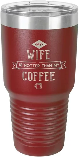 Miniatura 19 de Taza de viaje de acero inoxidable con popote y tapa superior deslizante My Wife Is Hot Than My Coffee Black de 30 onzas