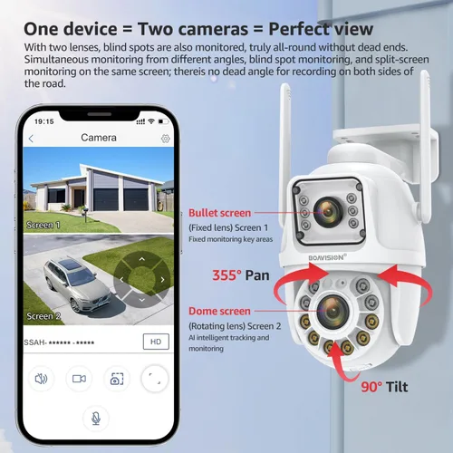 Miniatura 2 de BOAVISION Paquete de 2 cámaras de seguridad WiFi 2.4G/5G para exteriores, PTZ inalámbrica de lente dual, vista de 360°, seguimiento humano con IA