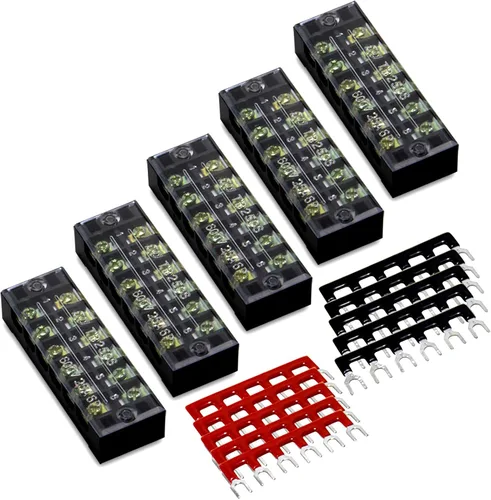 Miniatura 15 de 8 piezas (4 conjuntos) Bloques de tira de terminal de tornillo de doble hilera de 8 posiciones 600V 25A con cubierta + tira de barrera de terminales
