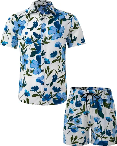 Miniatura 2 de Atwfo Conjunto de camisa hawaiana y pantalón corto para hombre, conjunto de 2 piezas para vacaciones, casual, con botones, playa, trajes florales