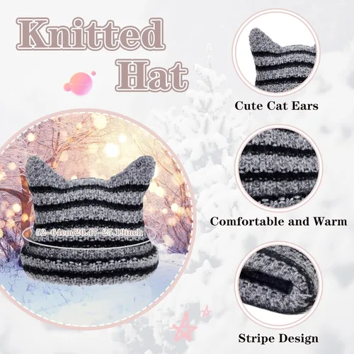 Miniatura 3 de Century Star Gorros de ganchillo para mujer, gorro de gato, gorro de invierno cálido de punto a rayas, accesorios de gorra Y2K, gorros holgados