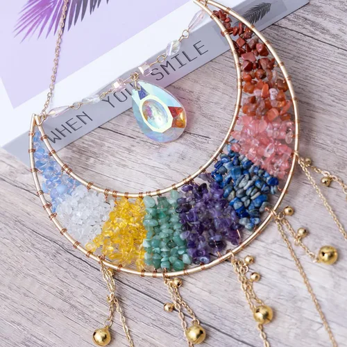 Miniatura 9 de Adorno de Ágata de Piedra de Cristal Gema Natural Árbol de la Vida Luna Atrapasueños con Cristal 7 Chakra Piedras Preciosas Atrapasueños de Arcoíris