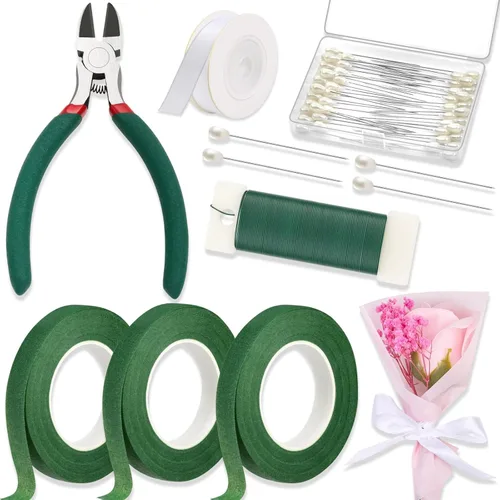 PAXCOO Cinta floral y alambre, kit de arreglo de cinta florista y alambre floral con cinta blanca, pasador de botonero, cortador para ramos, Verde