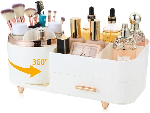 Miniatura 6 de Organizador de maquillaje para encimera con cajón, rotación de 360 grados, soporte para brochas, almacenamiento de gran capacidad, vitrinas