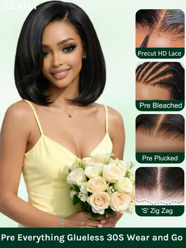 Miniatura 3 de KLAIYI Peluca de cabello humano con encaje frontal precortada 7x5, corte Bob en capas, corte romo, cordón sin pegamento, peluca predepilada