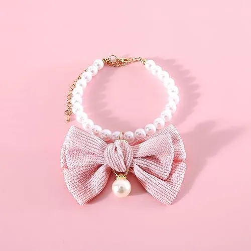 Miniatura 4 de Paquete de 3 collares de perlas para perro, joyas de perlas elegantes con lazos grandes, lindo collar de boda, accesorios de disfraz para perros