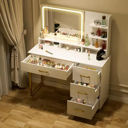 Miniatura 8 de COMHOMA Escritorio de tocador con espejo y luces, mesa de tocador de maquillaje con 4 cajones y estantes de almacenamiento, espejo HD grande, 3