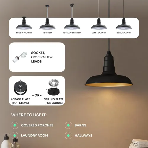 Miniatura 4 de Steel Lighting Co. Malibu - Lámpara colgante Montaje en techo Domo de 14 pulgadas vástago de 12 pulgadas Estilo de granja de acero Rojo