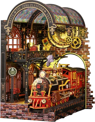 Kit de rincón de libros, kit de bricolaje en miniatura de casa de muñecas con tren de vapor, rompecabezas de madera 3D para colgar libros con LED,