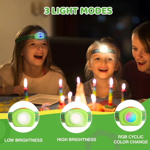 Miniatura 2 de EverBrite Linterna frontal LED recargable para niños con modo RGB y diadema ajustable, 3 modos multicolor para niños, lámpara de cabeza brillante