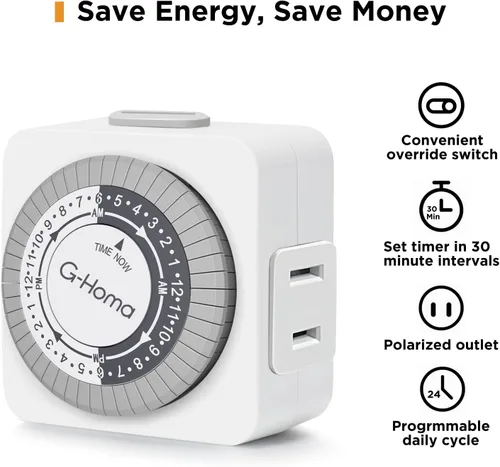 Miniatura 3 de G-Homa Temporizadores para Tomas Eléctricas, Temporizador Mecánico Enchufable para Interiores de 24 Horas, Intervalos de 30 Minutos, Ciclo Diario
