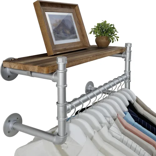 Miniatura 11 de WEBI Perchero de pared con estante, perchero industrial de 24 pulgadas con estantes, barra de ropa de hierro resistente, barra de ropa de exhibición
