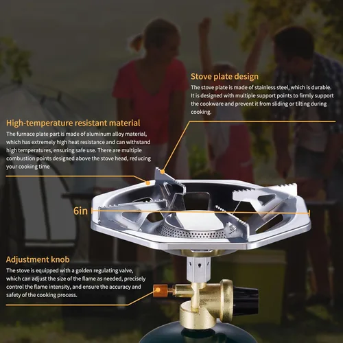 Miniatura 5 de Estufa de propano para acampar con quemador de propano, estufa de propano con parte superior de botella de un solo quemador, llama ajustable