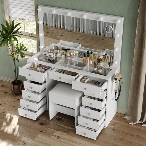 Miniatura 2 de Yanosaku Tocador de maquillaje de 47" con estación de carga, escritorio de maquillaje con 13 cajones con 12 bombillas LED y espejo HD, brillo