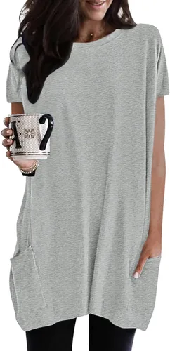 Miniatura 2 de Hugncmy Womens Summer Casual Solid Loose Pullover Crewneck Shirts Short Sleeve Tunic Tops Blouse with Pockets Space Short