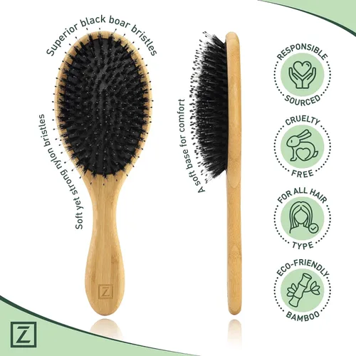 Miniatura 4 de Cepillo de cerdas de jabalí natural para mujeres, hombres y niños; cepillo desenredante seco y húmedo mejora suavemente el brillo, suaviza