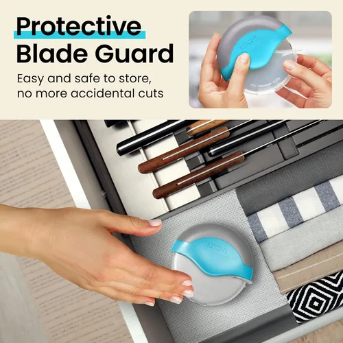 Miniatura 4 de Rueda para cortar pizza con protección para cuchilla Kitchy, rebanador súper afilado y fácil de limpiar, de acero inoxidable, Azul