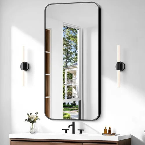 Miniatura 38 de Espejo de baño de 18 x 24 pulgadas con marco de metal negro rectangular, espejo de tocador rectangular de esquinas redondeadas, espejo de pared