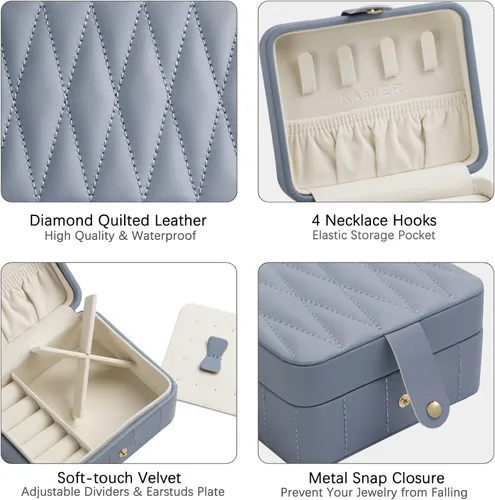 Miniatura 3 de KAMIER Organizador de joyas de viaje, cajas de joyería portátiles de cuero acolchado con diamantes para mujeres y niñas, organizador pequeño