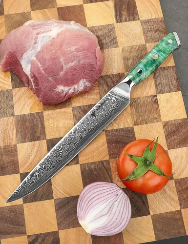 Miniatura 5 de Cuchillo para cortar carne de cocina de 9 pulgadas, serie Xuan, VG10, acero de damasco con mango de resina (verde jade)