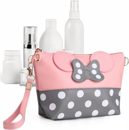 Bolsa de maquillaje rosa murina, bolsas de cosméticos rosadas, organizador de artículos de tocador con lunares blancos, organizador de maquillaje de