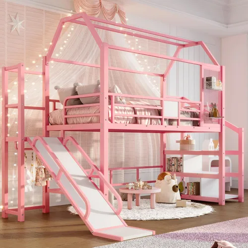 Miniatura 16 de Bellemave Cama Loft de Metal Tipo Casa Tamaño Twin con Tobogán y Escaleras, Marco de Cama Loft Casa de Juegos de Servicio Pesado con Estantes
