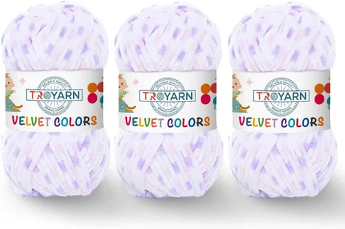 Miniatura 10 de TROYARN Hilo de lana de terciopelo en colores (paquete de 3 madejas) Chenille para manta Amigurumi, hilo para crochet y punto súper voluminoso 3x100