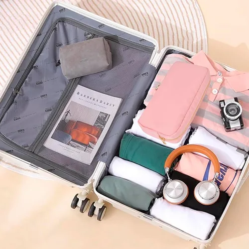 Miniatura 5 de ChezMax Bolsa de maquillaje de viaje, bolsa de cosméticos de nailon para bolso, organizador de artículos de tocador, bolsa impermeable con Rosado
