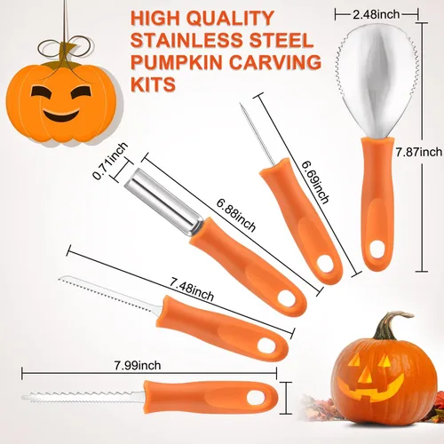 Miniatura 4 de CHRYZTAL Kit de tallado de calabaza para Halloween, 13 piezas, juego profesional de tallado resistente, acero inoxidable de doble cara, kit