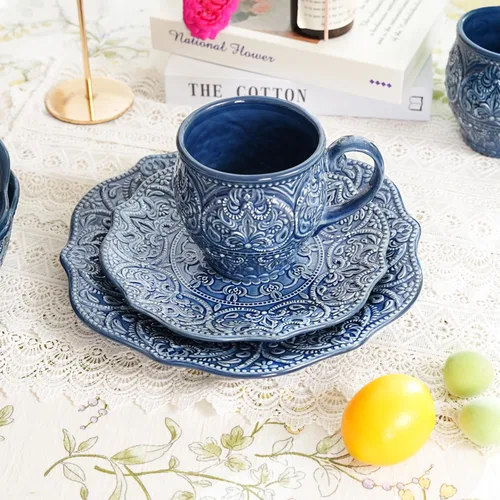 Miniatura 5 de Sungmor Vajilla Fina de Gres en Relieve para Cenas Elegantes, Juego de Platos de Cena de Porcelana de Estilo Barroco Antiguo de 2 Piezas