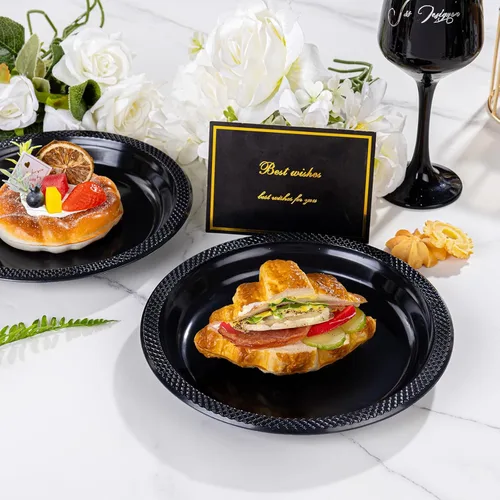 Miniatura 2 de WELLIFE Platos de plástico negro de 7 pulgadas, 50 unidades, platos desechables para fiestas de Año Nuevo, platos pequeños de postre para cena