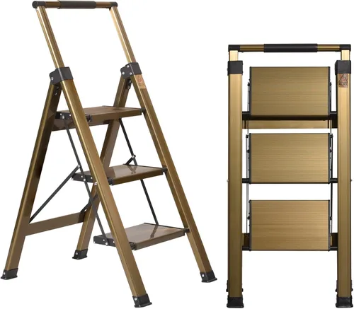 XinSunho - Escalera de 3 escalones de aluminio con pasamano retráctil y pedal ancho antideslizante, taburete plegable de 3 pasos, escalera doméstica