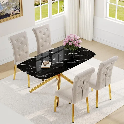 Miniatura 4 de Juego de mesa de comedor moderna para mesa de comedor negra de 4,63 pulgadas, juego de 4 con patas de metal dorado, mesa de cocina rectangular