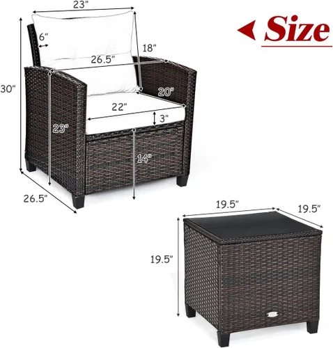 Miniatura 4 de Tangkula Juego de muebles de patio de 3 piezas, mimbre de ratán PE, juego de sofá de 3 piezas para exteriores con cojín lavable y superficie de mesa