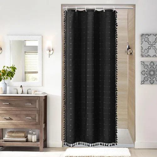 Miniatura 23 de MitoVilla Juego de cortinas de ducha estilo bohemio, modernas cortinas de ducha bohemias para decoración de baño, cortina de ducha de tela de lino