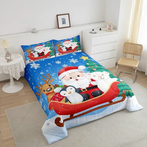 Miniatura 3 de Juego de edredón de Navidad de dibujos animados para niños, tamaño individual, juego de ropa de cama Kawaii de Papá Noel, pingüino, ciervo
